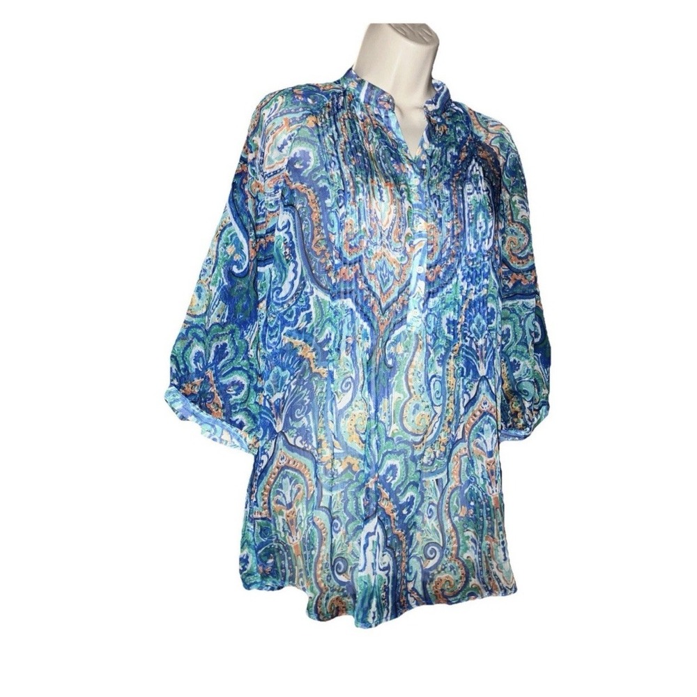 L Ralph Lauren Chiffon Paisley Sheer Collared Button-Up Blouse 2X 3/4 Sleeves
